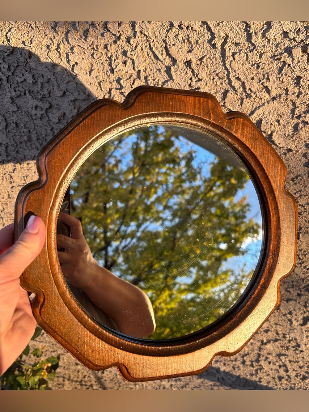 Vintage Round Wall Mirror, Brown Wood Scalloped Frame, Small Hanging Mirror